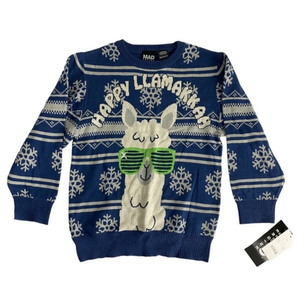 Happy Llamakkah Kids Size XS Sweater Blue Long Sleeve Christmas Glasses NEW